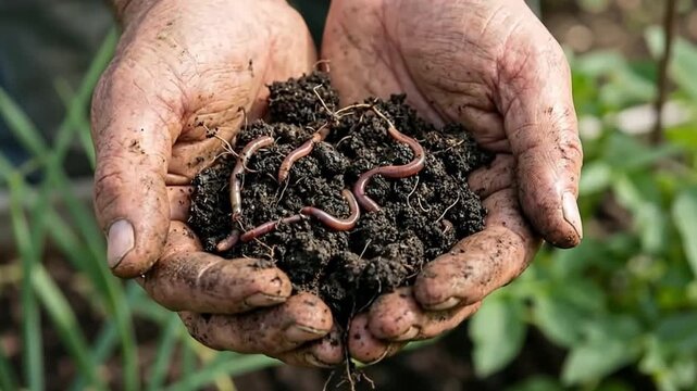 Man holding rich soil with earthworm. Farmer showing organic compost and healthy dirt for sustainable agriculture.