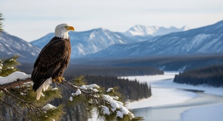 Fototapeta premium Majestic Bald Eagle Perched on Snowy Branch Overlooking Winter River Valley.