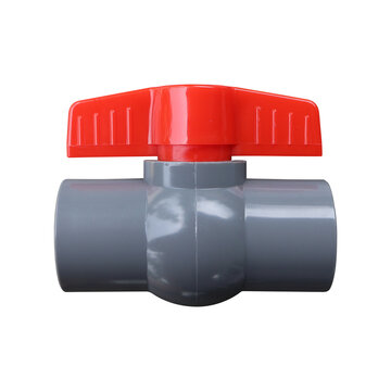 PVC ball valve with red handle on transparent background
