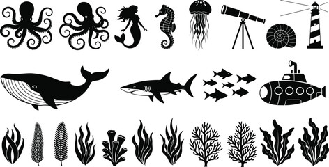 Marine life and nautical silhouette collection, ocean animals, lighthouse, submarine, and underwater plants for coastal design, cad drawing flat vector illustration © Hello World