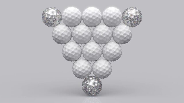 Abstract wall of many nine white and inverted triangle shaped gem polygonal balls grey gradient background, Exception concept, Matrix of geometric polygonal balls shapes