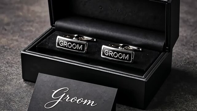Close up of groom cufflinks set in gift box with greeting card. Wedding accessory for man during marriage celebration.