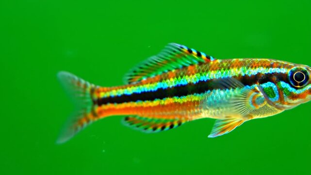 Close-up of a vibrant, striped tropical fish swimming in an aquarium with a green background.