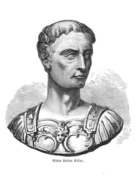Bust of Gaius Julius Caesar with detailed armored cuirass and contemplative expression, showing Roman dictator and military genius iconography, old vintage illustration, 1880