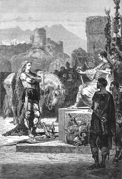 Vercingetorix standing before a seated Julius Caesar, surrendering his arms amidst Roman soldiers and a horse, with ruins and mountains in background, old vintage illustration, 1880