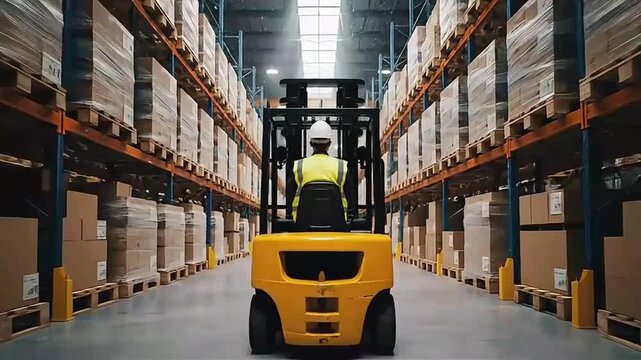 Forklift Operator Transporting Pallets in Large Modern Warehouse Aisle with Industrial Storage Racks