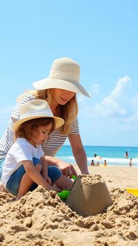 Mother and child building a sandcastle on a sunny beach vacation