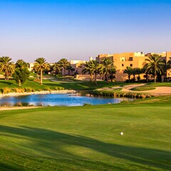 Fototapeta premium Golf course with buildings, lake, palm trees under a blue sky