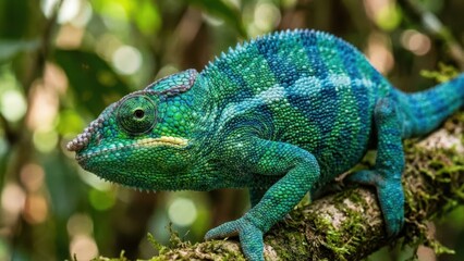Obraz premium Vibrant Green Chameleon with Blue Markings Perched on Mossy Branch in Forest Habitat