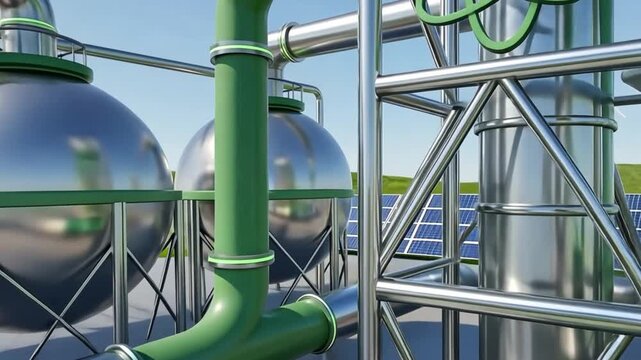 Green energy processing plant with bubbling pipes, storage spheres, wind turbine, and solar panel array for sustainable power generation.