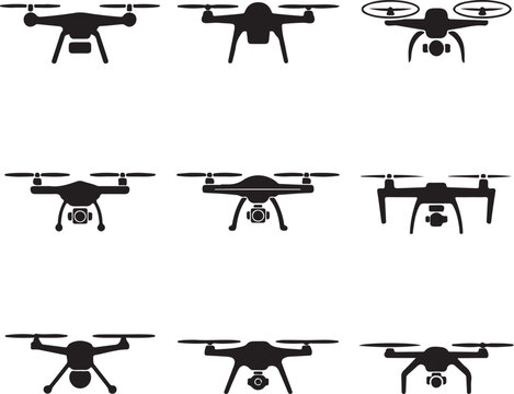 Drone Quadcopter with Camera set collection pack black icon silhouette vector flat illustration design on white background