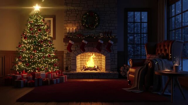 christmas tree in the living room with fireplace scene background 