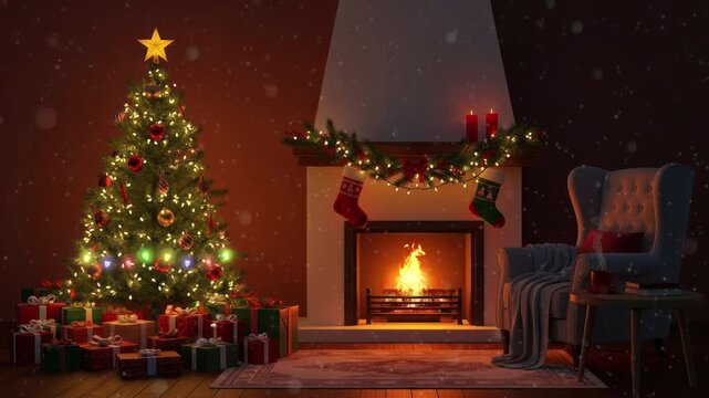 christmas tree in front of fireplace 