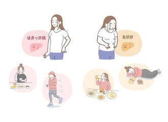 健康な肝臓と脂肪肝の女性のイラストセット