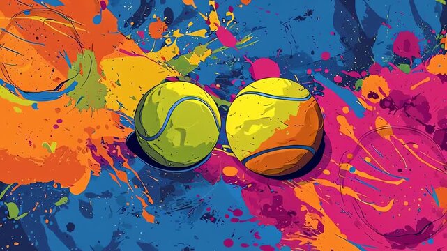 Tennis Balls Neon Splatter Art Dynamic Sports Illustration