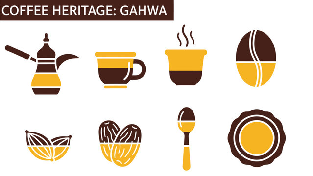 Graphic icons related to coffee heritage featuring a Dallah cups beans dates spoon and seal