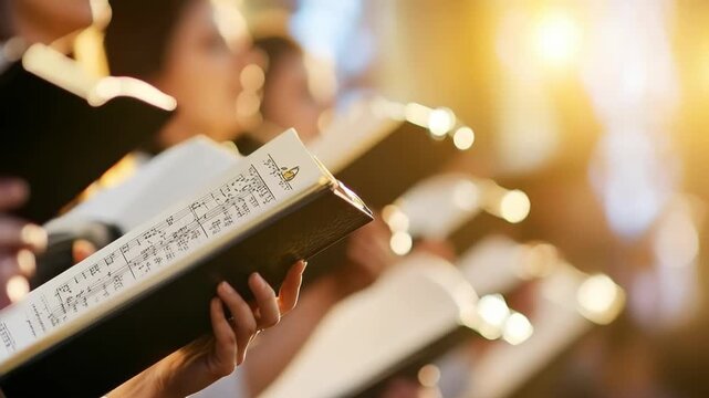 Choir performs uplifting music in a bright church during evening service