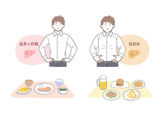 健康な肝臓と脂肪肝の男性のイラストセット
