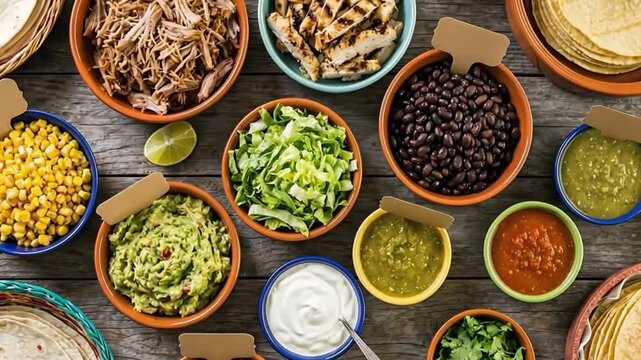 Mexican food ingredients and dishes from above. Assorted elements for taco, burrito, fajita, salsa, guacamole, corn, and beans.