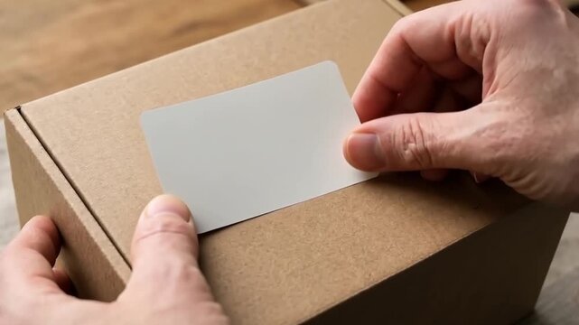Man inserting blank credit card into package for delivery concept, gift card, and payment technology