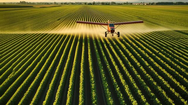 Crop dusting plane sprays fields in summer sun