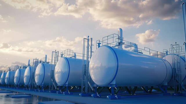 Large storage tanks for liquids at an industrial site in a clear sky