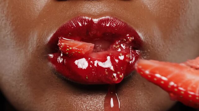 A person of color is biting into a strawberry with red glossy lips creating a sensual and vibrant moment