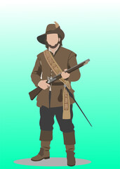 066-38-Bearded man in traditional 17th century clothing holding a musket and sword