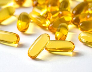 Close-up of translucent, golden capsules scattered on a white surface