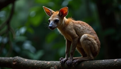Obraz premium Small Mammal with Pointed Ears and Wet Fur Perched on a Tree Branch in a Lush Green Forest Habitat Natural Wildlife