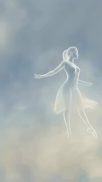 Surreal woman figure dancing in cloud dancer colored sky for ethereal and dreamy background animation Vertical video