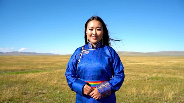 Mongolian Woman in Traditional Deel Standing in Vast Steppe Landscape Under Blue Sky.