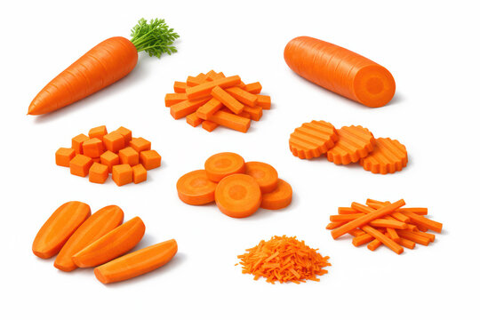 The Anatomy of Orange: An assortment of freshly prepared, appetizing carrot cuts, showcasing the vibrant hues and varying textures and culinary preparations.