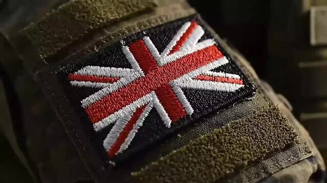 Cinematic Close-Up of United Kingdom Union Jack Flag Patch on Tactical Military Uniform in 4K