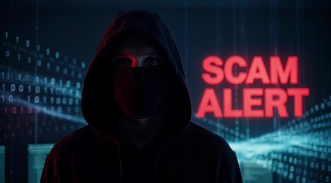 Scam Alert Warning with Hooded Figure in Dark Cyber Environment