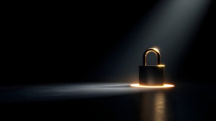 Golden Padlock Illuminated by Dramatic Spotlight in Darkness.