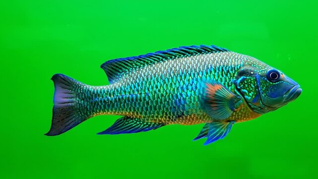 A vibrant green and blue cichlid fish swimming in an aquarium, showcasing its iridescent scales and distinct patterns.