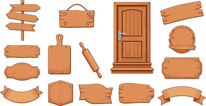 Wooden Objects Vector Illustration Set with Rustic Signboards Door Kitchen Cutting Board Rolling Pin and Decorative Wooden Elements for Vintage Designs