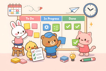 Fototapeta premium Cute animal team managing tasks with kanban board project management workflow illustration