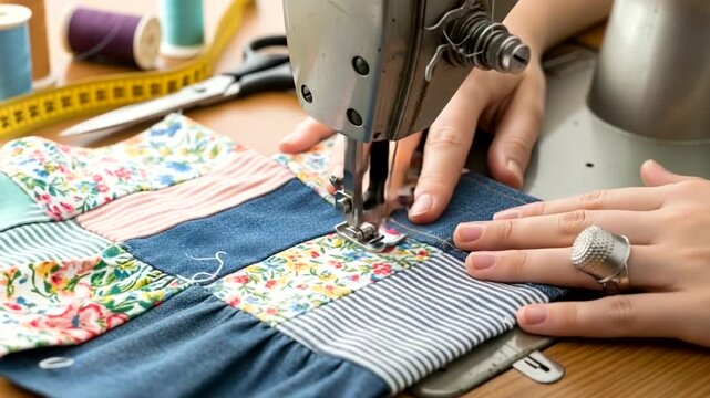 Woman Sewing Patchwork Quilt on Sewing Machine.