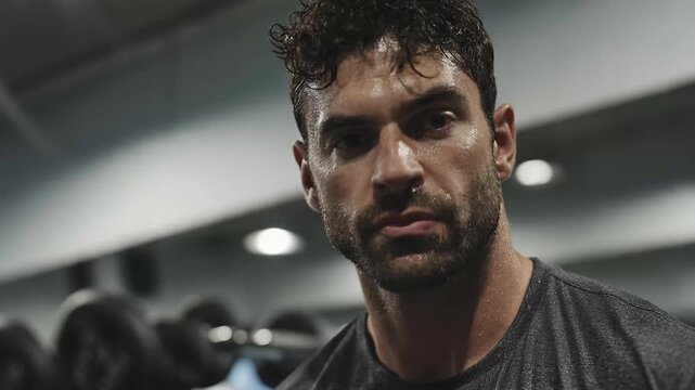 Man working out intensely in a gym with weightlifting equipment, focused on his training during an evening workout session