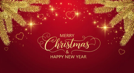 Red Christmas background with golden pine branches and typography perfect for holiday greeting cards and professional festive banners concepts