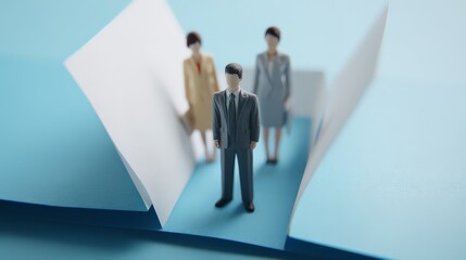 Fototapeta premium A sharp, focused figurine of a businessman in a dark suit stands at the forefront of a narrow path.