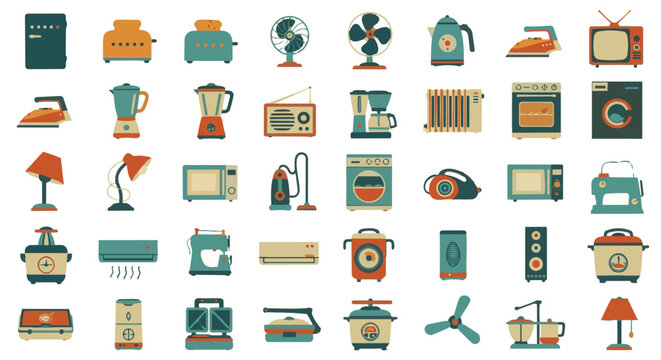 Retro home appliance icon set &ndash; vintage kitchen electronics and household devices vector collection