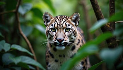Obraz premium Leopard Portrait Lush Green Forest Canopy Vibrant Eyes Intense Gaze Natural Lighting Wildlife Photography