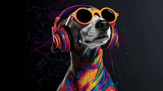 Cool Dog Wearing Headphones and Sunglasses Graphic Art Portrait