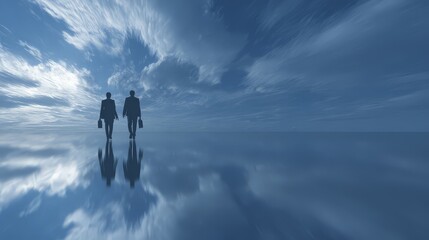 A silhouettes of two business professionals&mdash;a man and a woman&mdash;walking side-by-side. Each carries a briefcase, emphasizing their professional status.