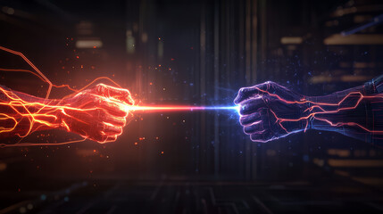Glowing sorcerer hand and cybernetic warrior hand clash with energy beam in high fidelity, futuristic digital battle, intense and dramatic confrontation