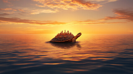 Giant turtle with city on its back moves slowly across calm ocean at sunset, creating surreal and peaceful fantasy landscape with warm golden light and tranquil water reflections