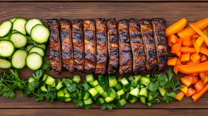 Grilled ribs with smoky glaze, sliced and served with fresh cucumber, bell pepper, and parsley on wooden table, creating vibrant and appetizing meal presentation